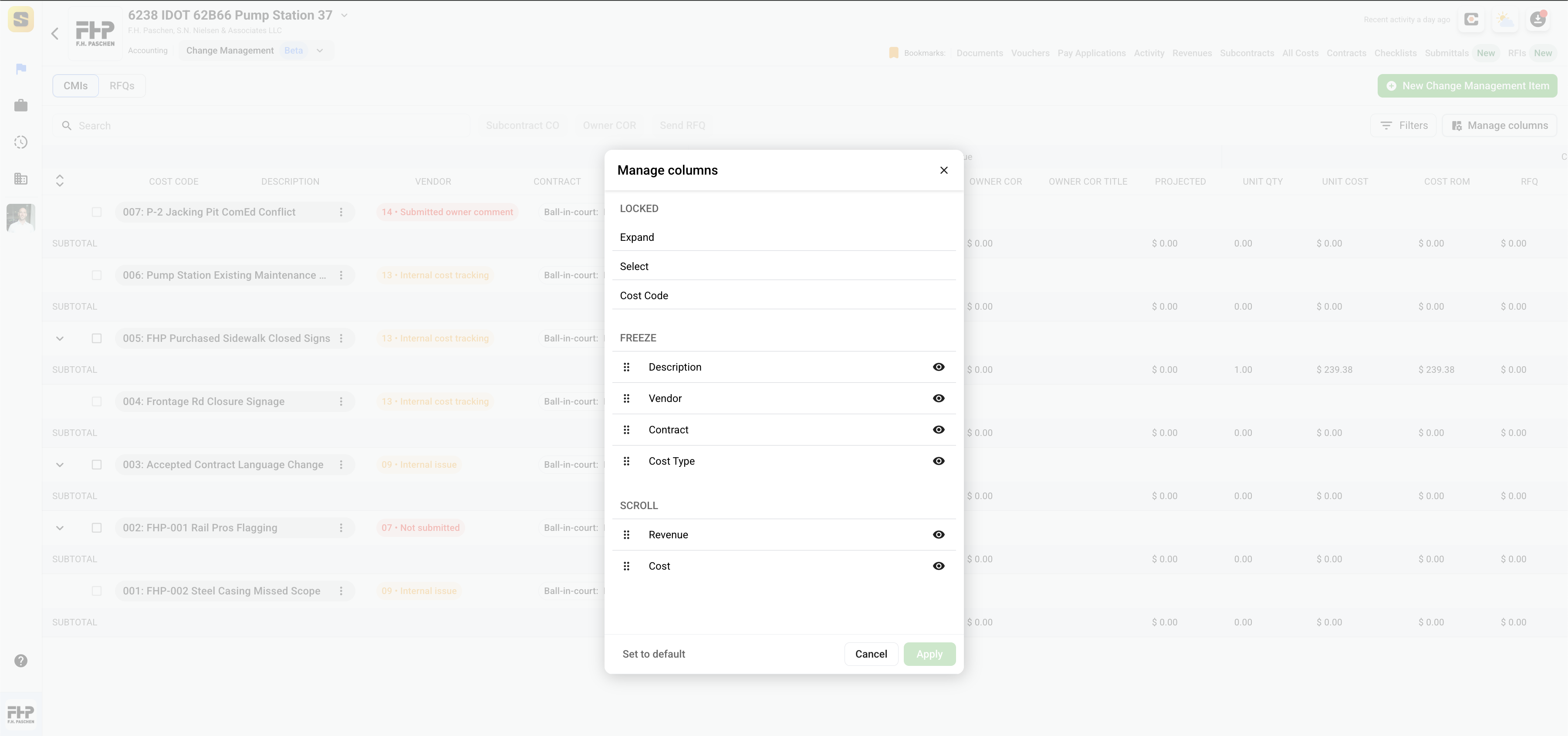 Change Management Tab Manage Columns)