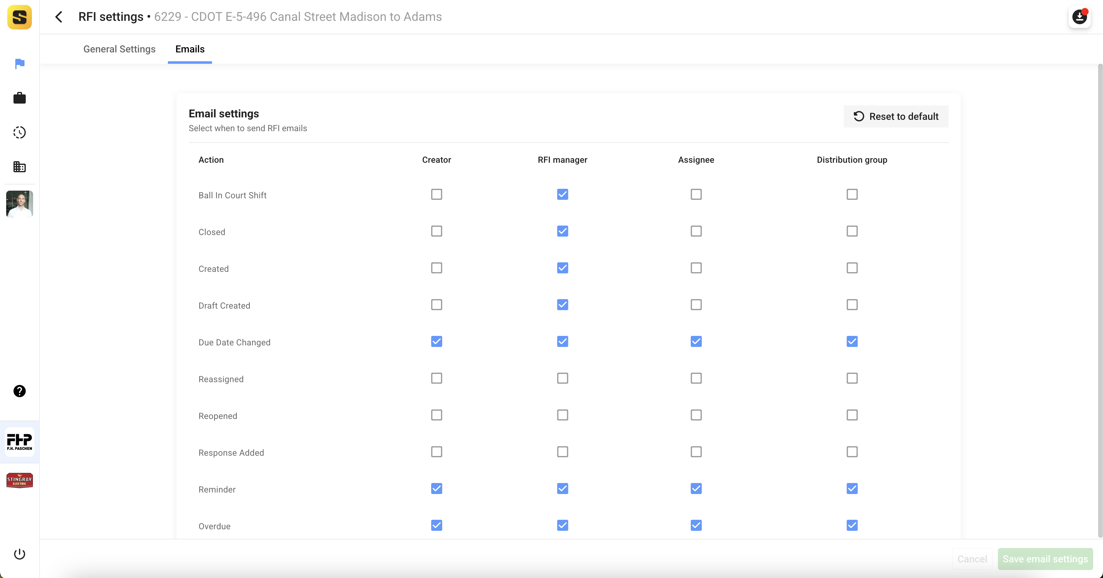 RFI Email Settings