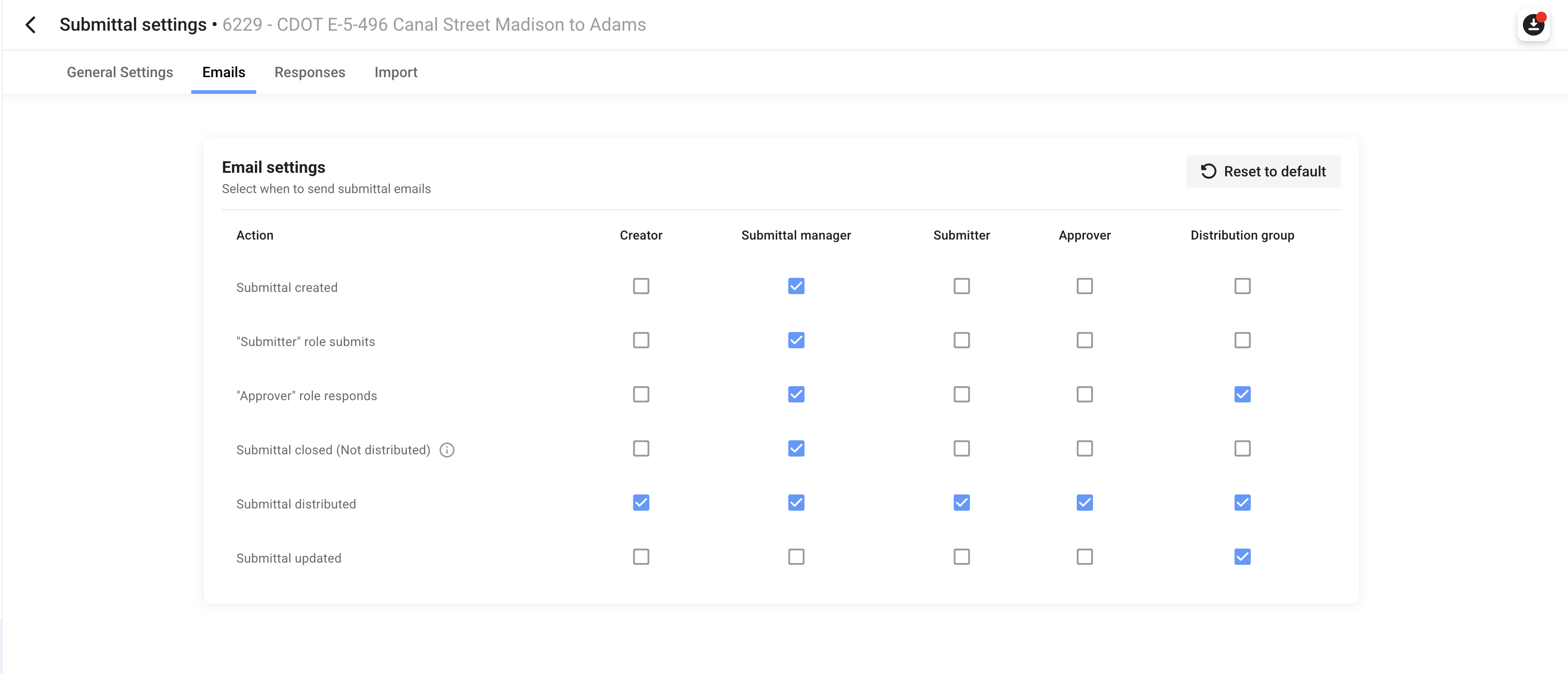 Submittal Email Settings